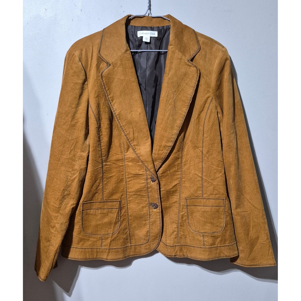 Coldwater Creek Tan Corduroy Blazer Jacket Leaf Buttons Contrast Stitch Size 16